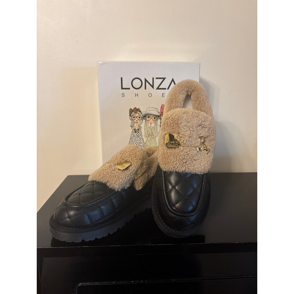 LONZA Black and Tan Quilted Sherpa Loafers - Picture 2 of 10